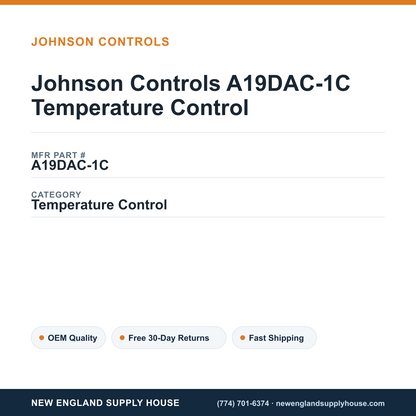 Johnson Controls A19DAC-1C Temperature Control — New England Supply House spec card [NESH-SPEC-CARD-V2]