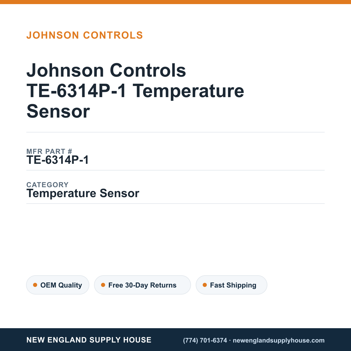Johnson Controls TE-6314P-1 Temperature Sensor — New England Supply House spec card [NESH-SPEC-CARD-V2]
