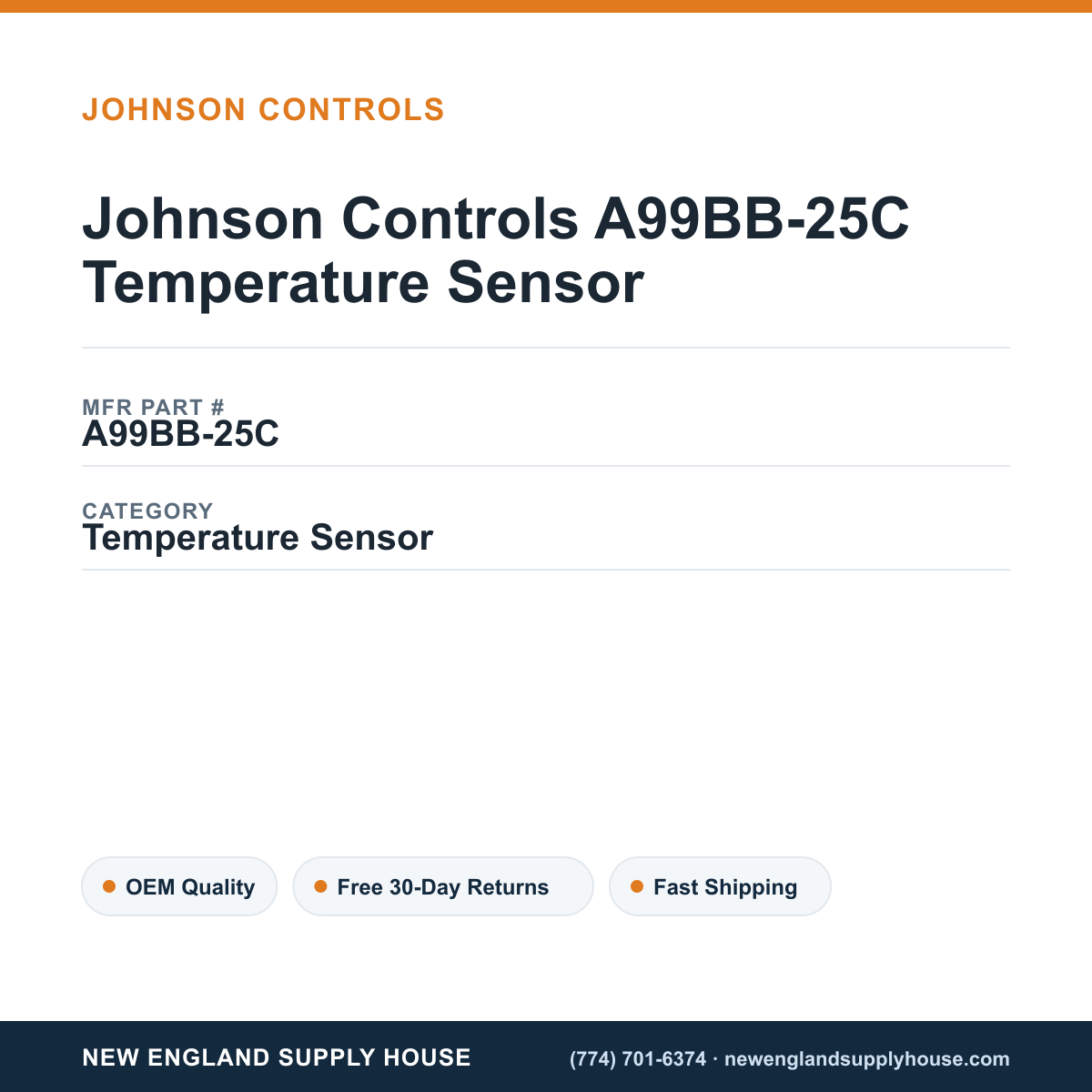 Johnson Controls A99BB-25C Temperature Sensor — New England Supply House spec card [NESH-SPEC-CARD-V2]