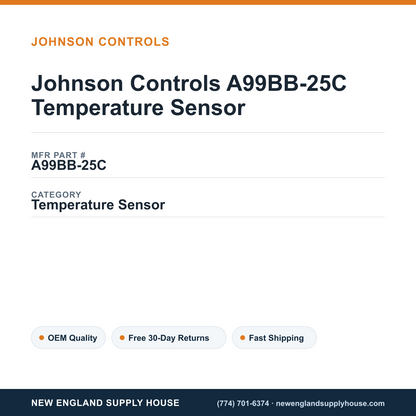Johnson Controls A99BB-25C Temperature Sensor — New England Supply House spec card [NESH-SPEC-CARD-V2]