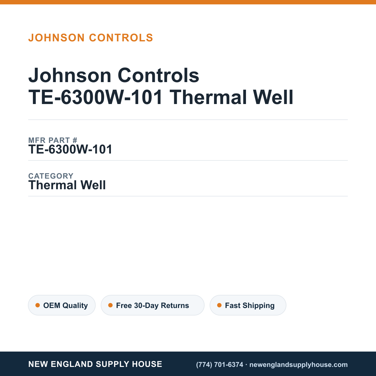 Johnson Controls TE-6300W-101 Thermal Well — New England Supply House spec card [NESH-SPEC-CARD-V2]