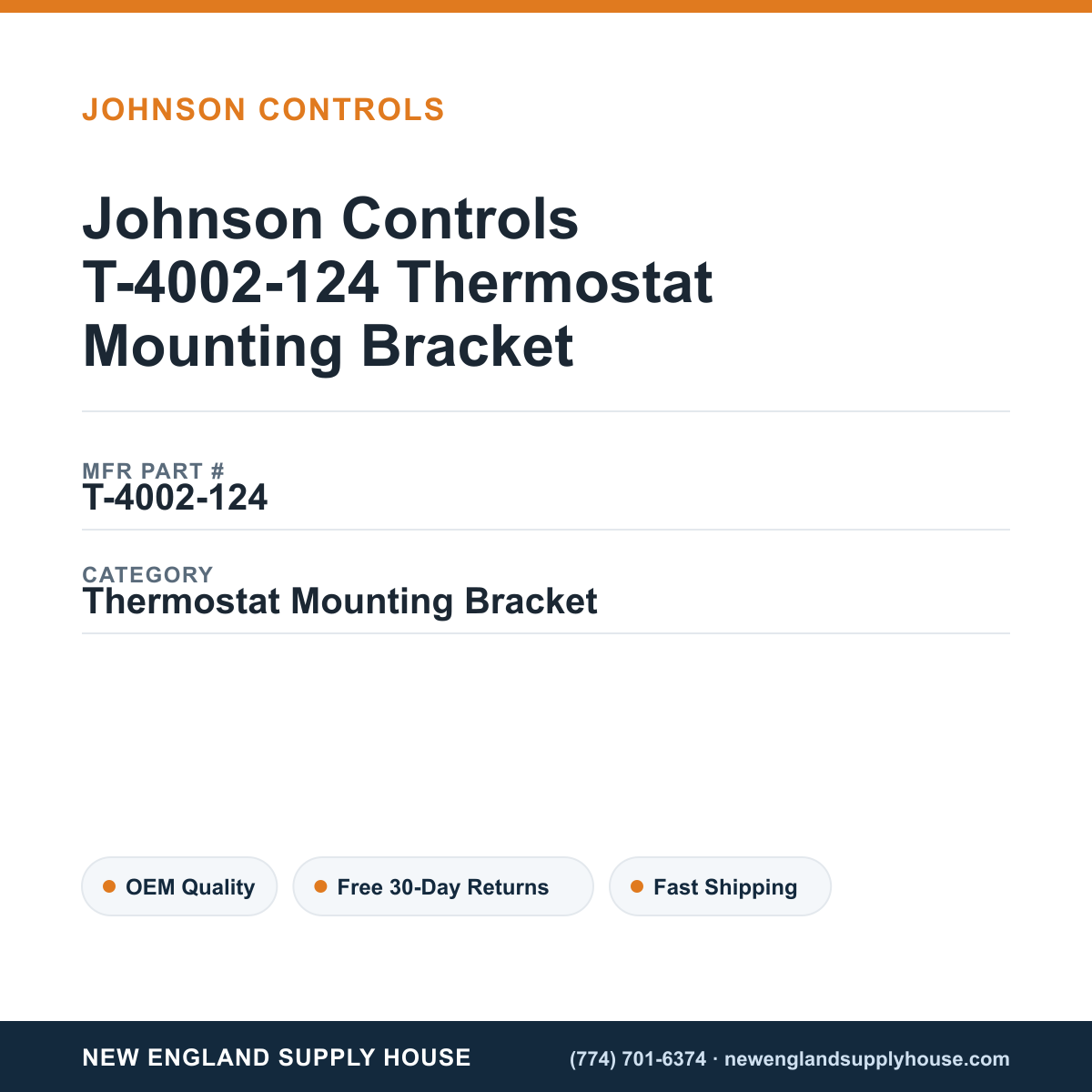 Johnson Controls T-4002-124 Thermostat Mounting Bracket — New England Supply House spec card [NESH-SPEC-CARD-V2]