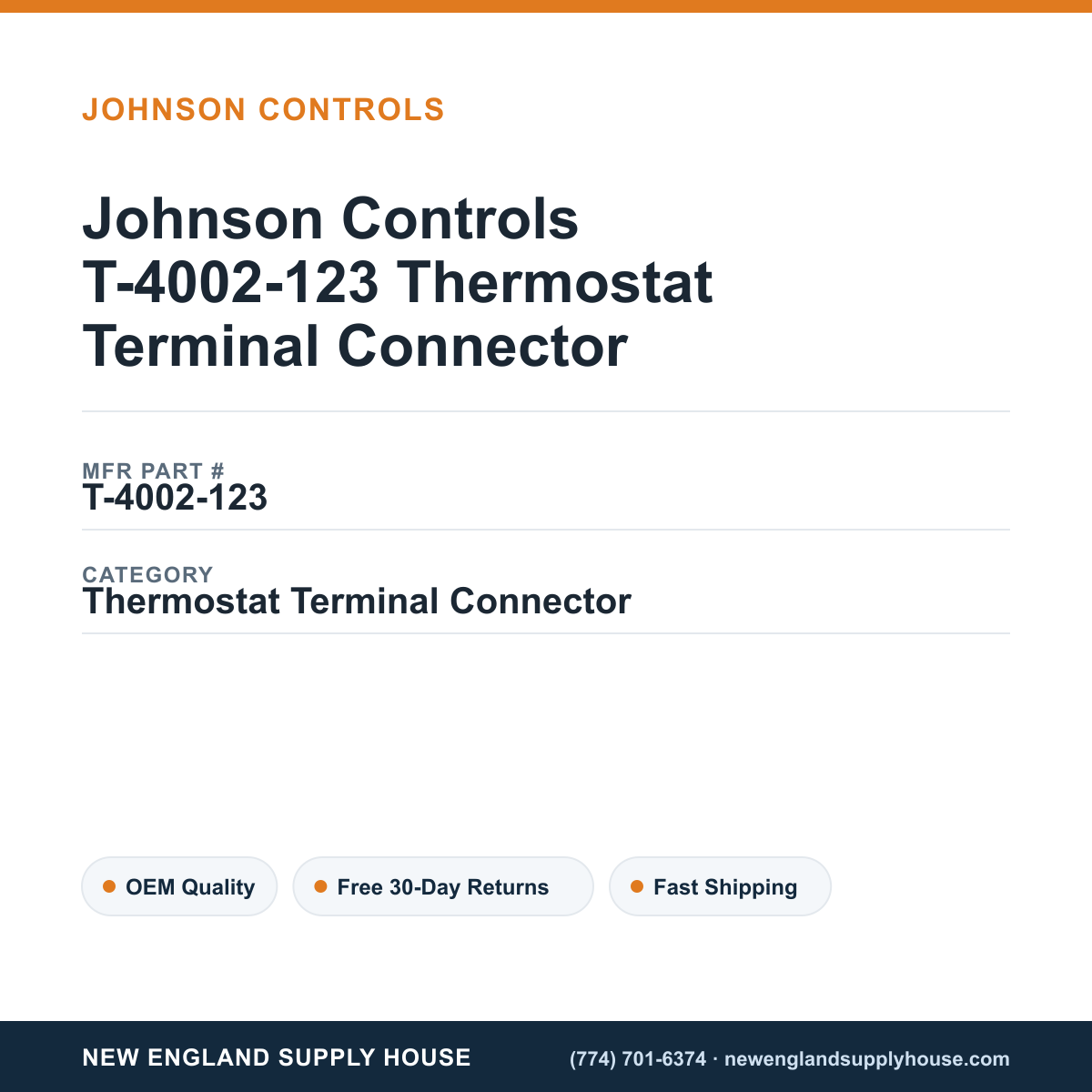 Johnson Controls T-4002-123 Thermostat Terminal Connector — New England Supply House spec card [NESH-SPEC-CARD-V2]