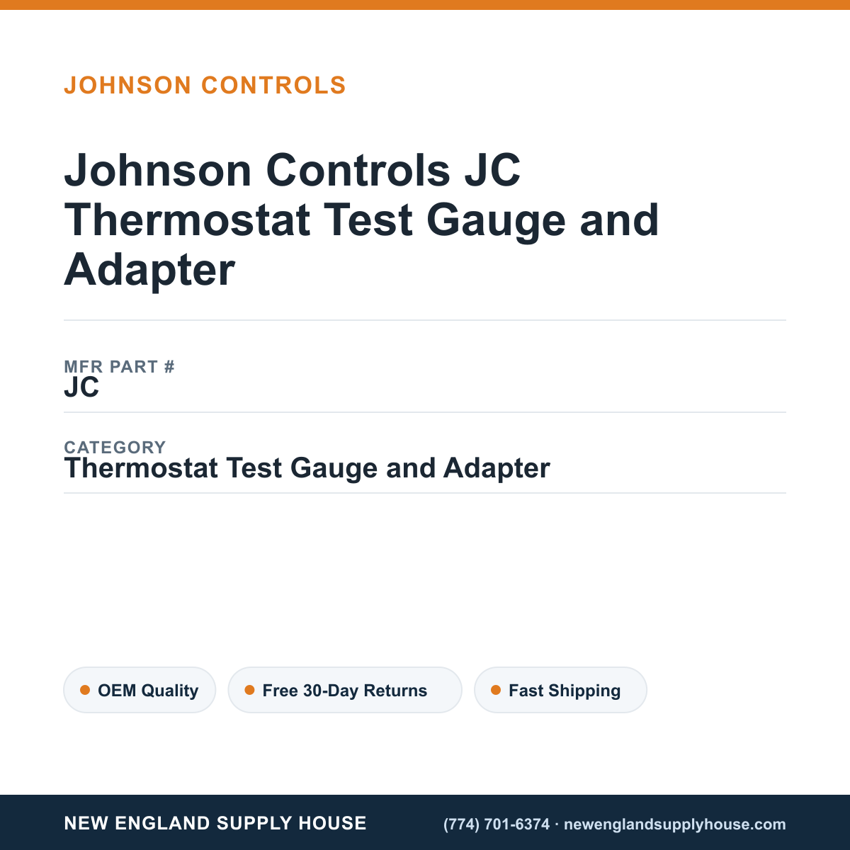 Johnson Controls JC Thermostat Test Gauge and Adapter — New England Supply House spec card [NESH-SPEC-CARD-V2]