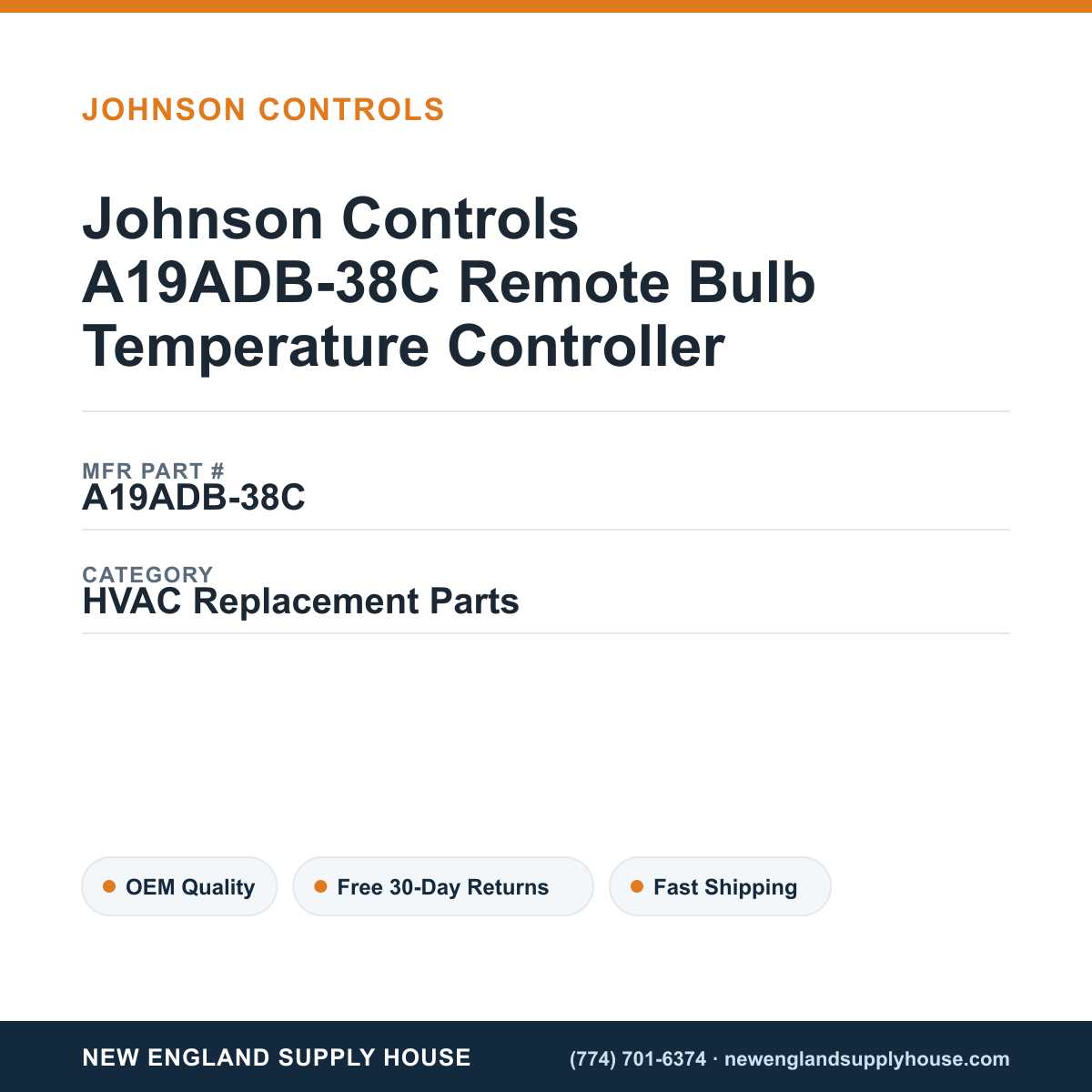 Johnson Controls A19ADB-38C Remote Bulb Temperature Controller — New England Supply House spec card [NESH-SPEC-CARD-V2]