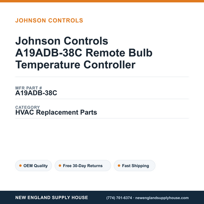 Johnson Controls A19ADB-38C Remote Bulb Temperature Controller — New England Supply House spec card [NESH-SPEC-CARD-V2]