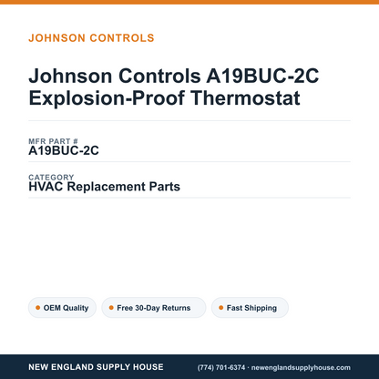Johnson Controls A19BUC-2C Explosion-Proof Thermostat — New England Supply House spec card [NESH-SPEC-CARD-V2]