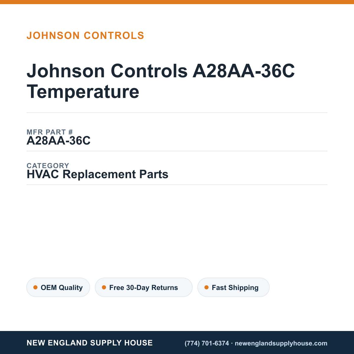Johnson Controls A28AA-36C Temperature — New England Supply House spec card [NESH-SPEC-CARD-V2]