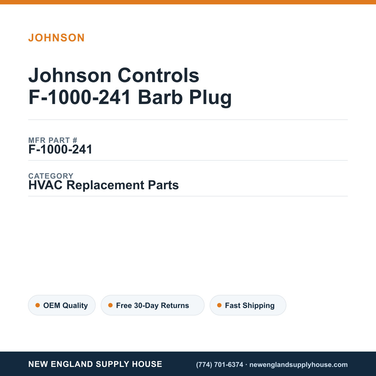 Johnson Controls F-1000-241 Barb Plug — New England Supply House spec card [NESH-SPEC-CARD-V2]
