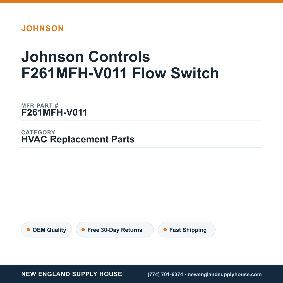 Johnson Controls F261MFH-V011 Flow Switch — New England Supply House spec card [NESH-SPEC-CARD-V2]