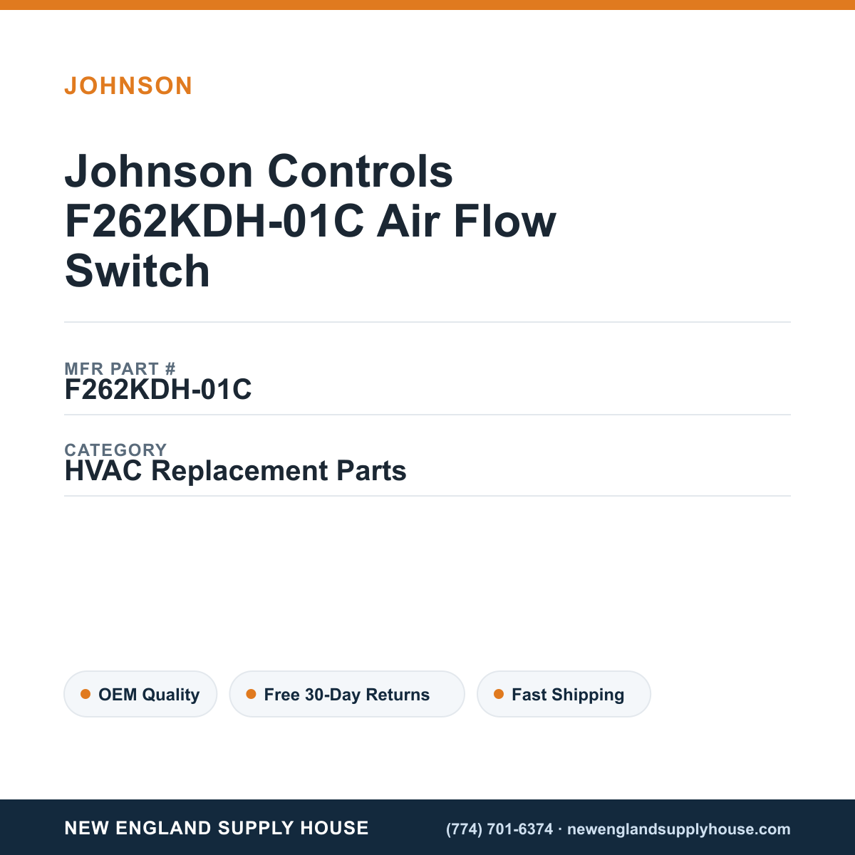 Johnson Controls F262KDH-01C Air Flow Switch — New England Supply House spec card [NESH-SPEC-CARD-V2]