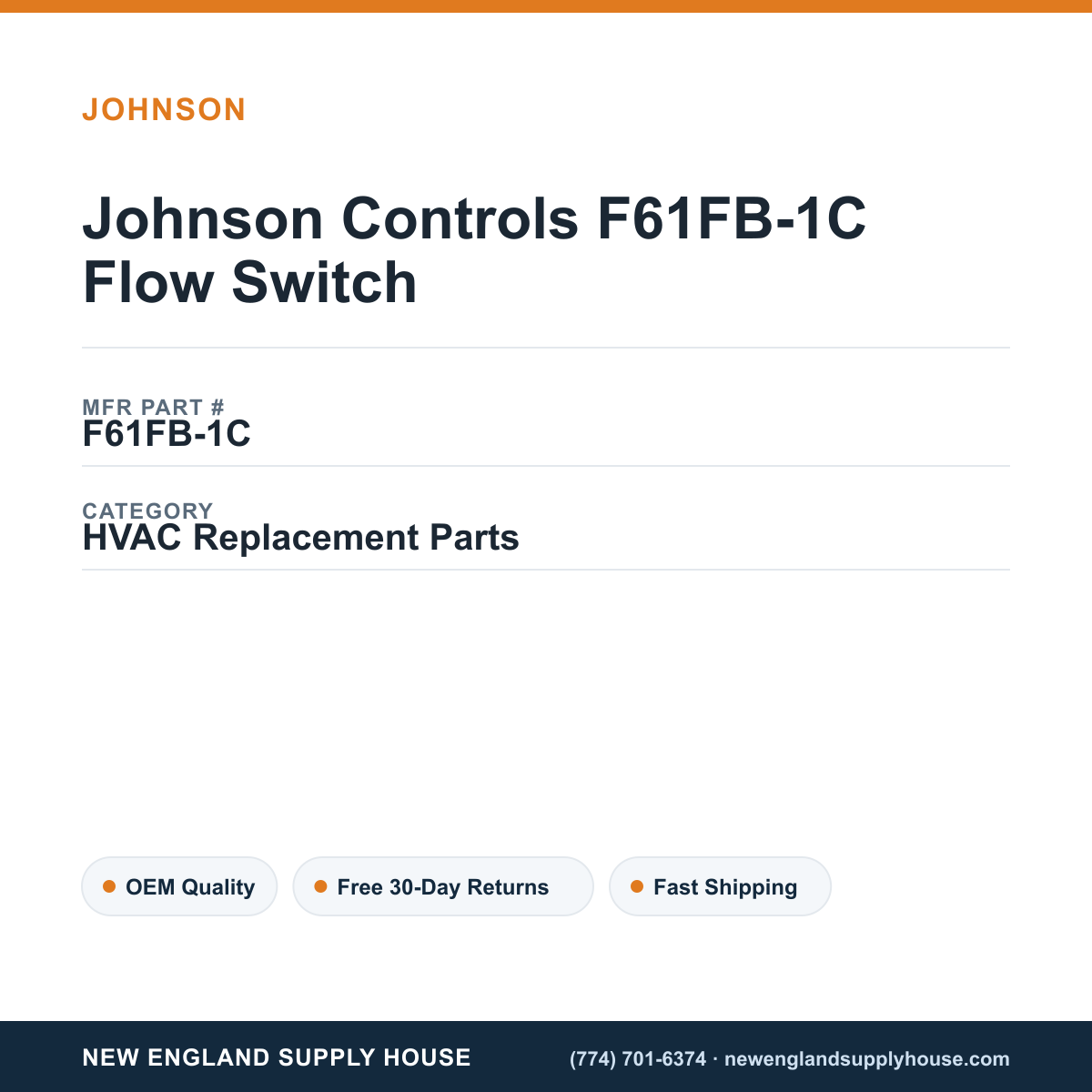 Johnson Controls F61FB-1C Flow Switch — New England Supply House spec card [NESH-SPEC-CARD-V2]