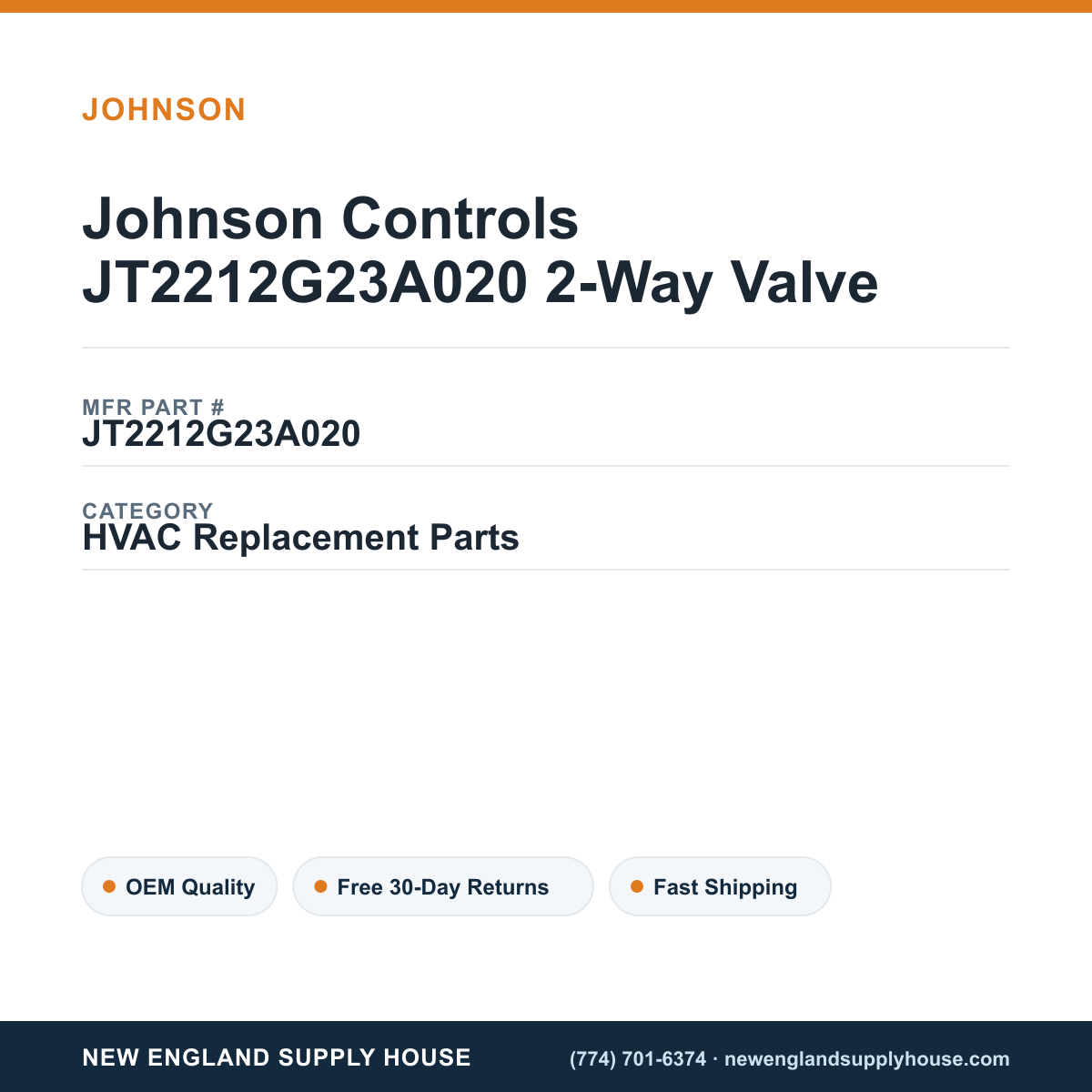 Johnson Controls JT2212G23A020 2-Way Valve — New England Supply House spec card [NESH-SPEC-CARD-V2]