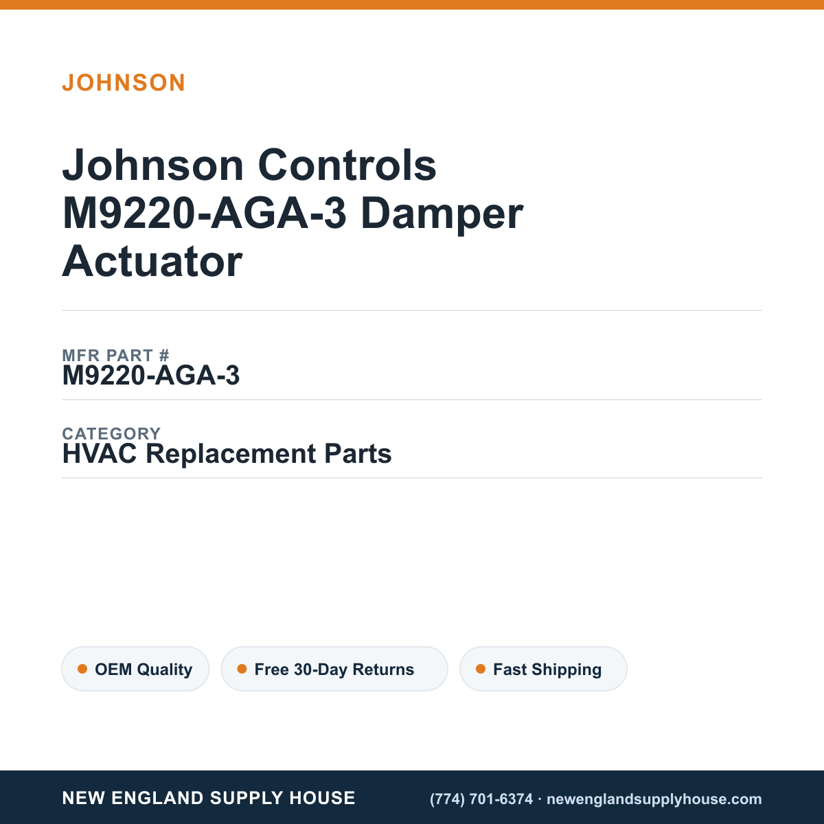 Johnson Controls M9220-AGA-3 Damper Actuator — New England Supply House spec card [NESH-SPEC-CARD-V2]