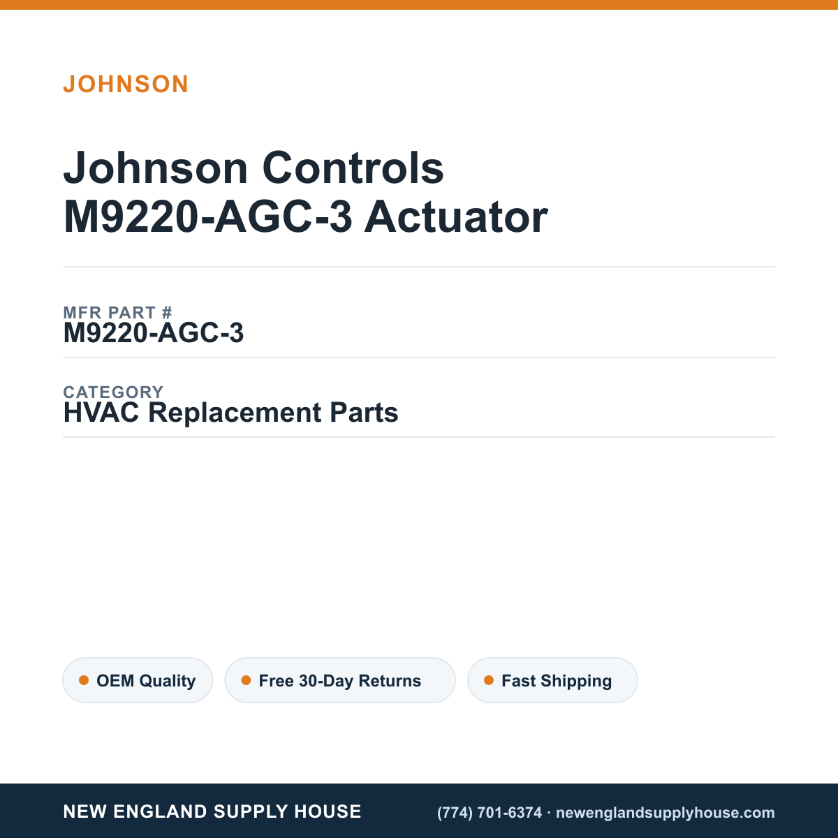 Johnson Controls M9220-AGC-3 Actuator — New England Supply House spec card [NESH-SPEC-CARD-V2]