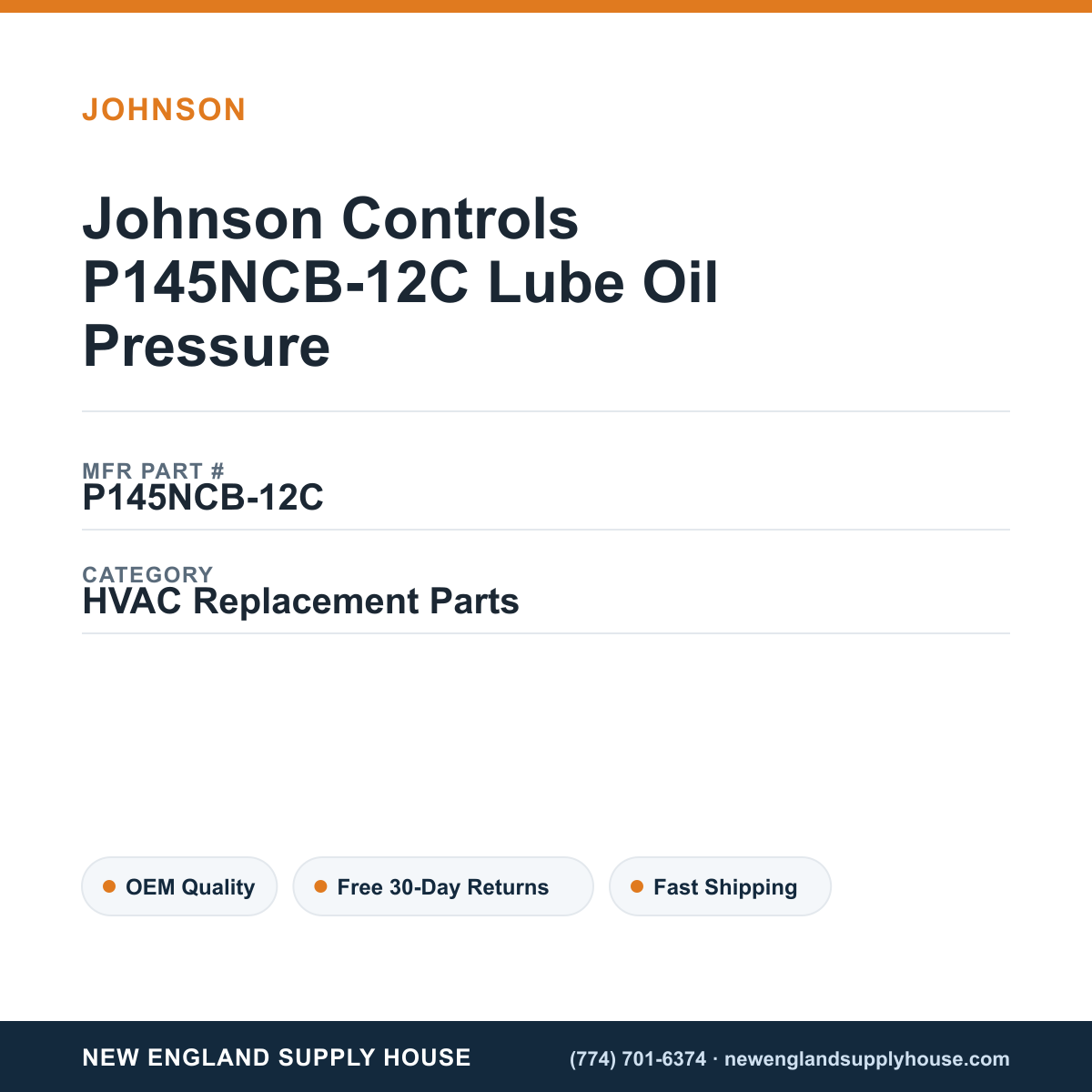Johnson Controls P145NCB-12C Lube Oil Pressure — New England Supply House spec card [NESH-SPEC-CARD-V2]