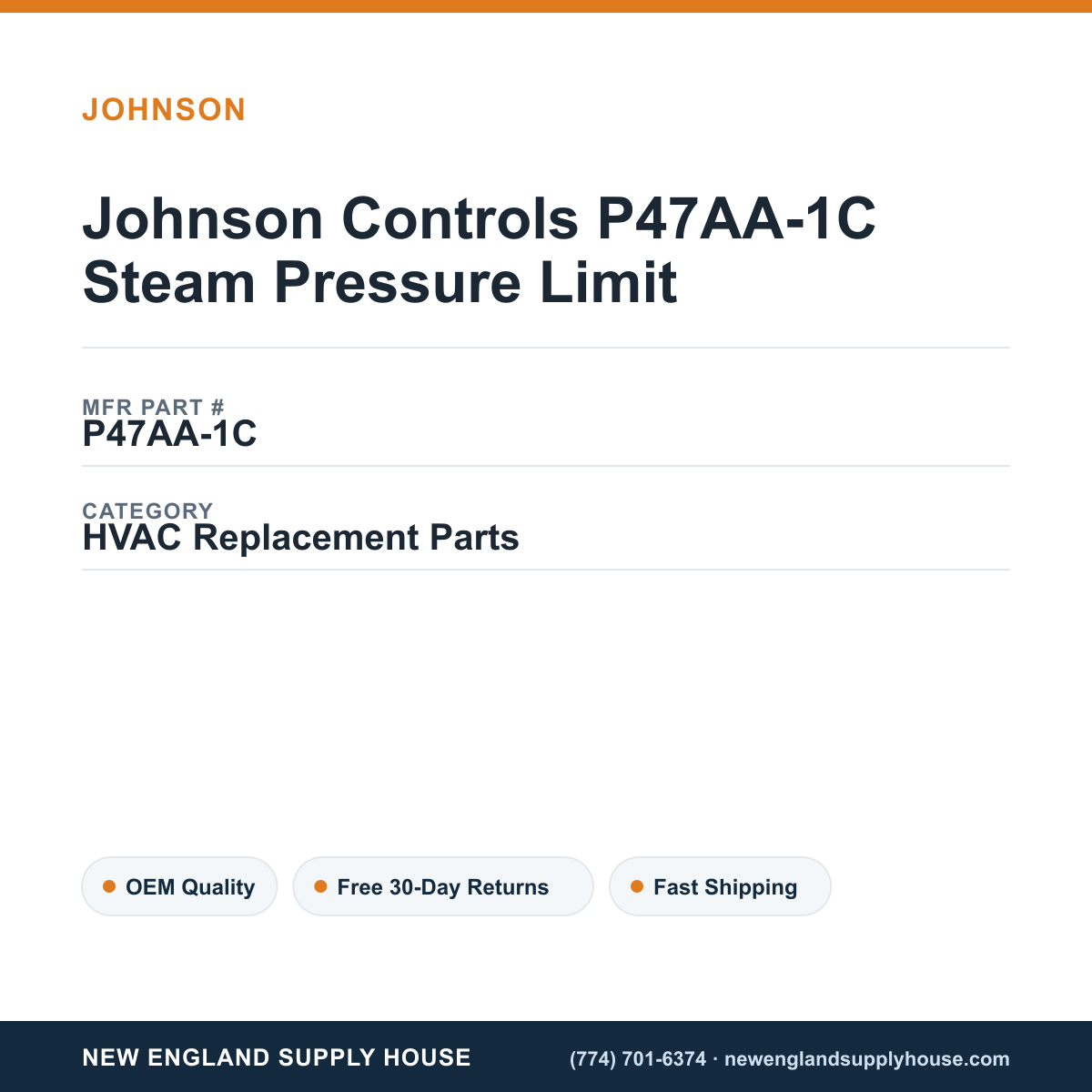 Johnson Controls P47AA-1C Steam Pressure Limit — New England Supply House spec card [NESH-SPEC-CARD-V2]