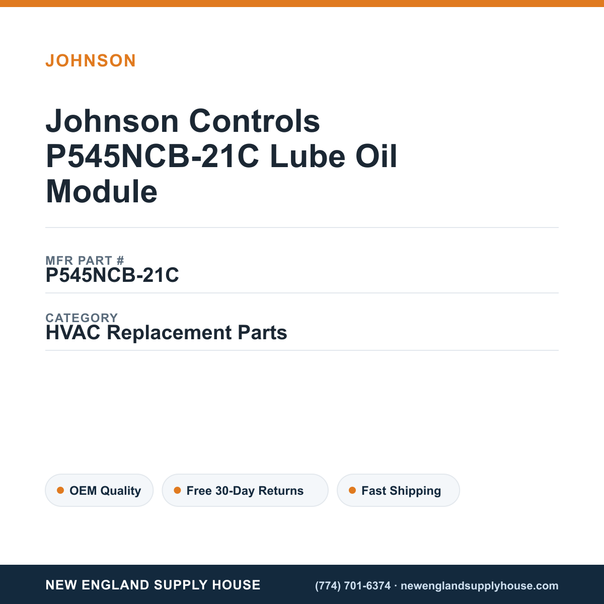 Johnson Controls P545NCB-21C Lube Oil Module — New England Supply House spec card [NESH-SPEC-CARD-V2]