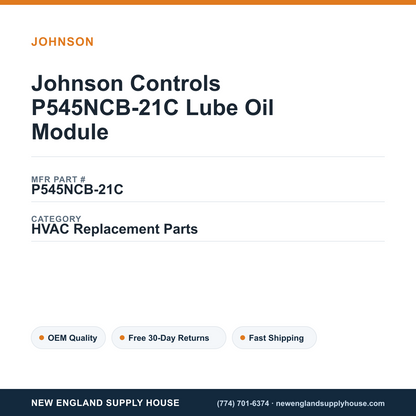 Johnson Controls P545NCB-21C Lube Oil Module — New England Supply House spec card [NESH-SPEC-CARD-V2]