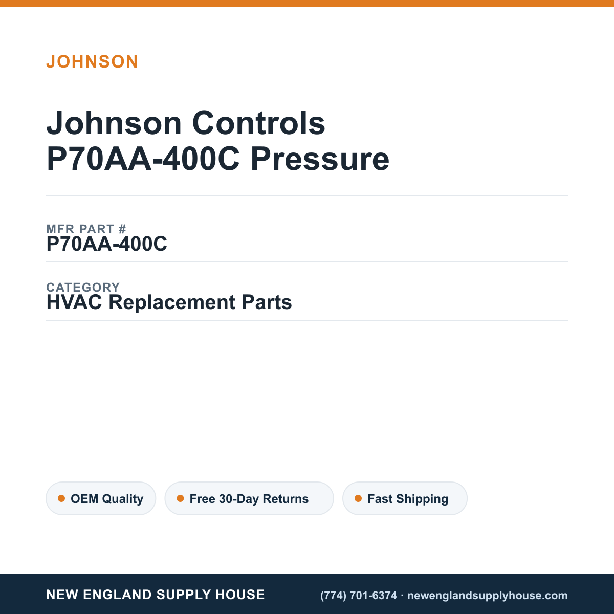 Johnson Controls P70AA-400C Pressure — New England Supply House spec card [NESH-SPEC-CARD-V2]