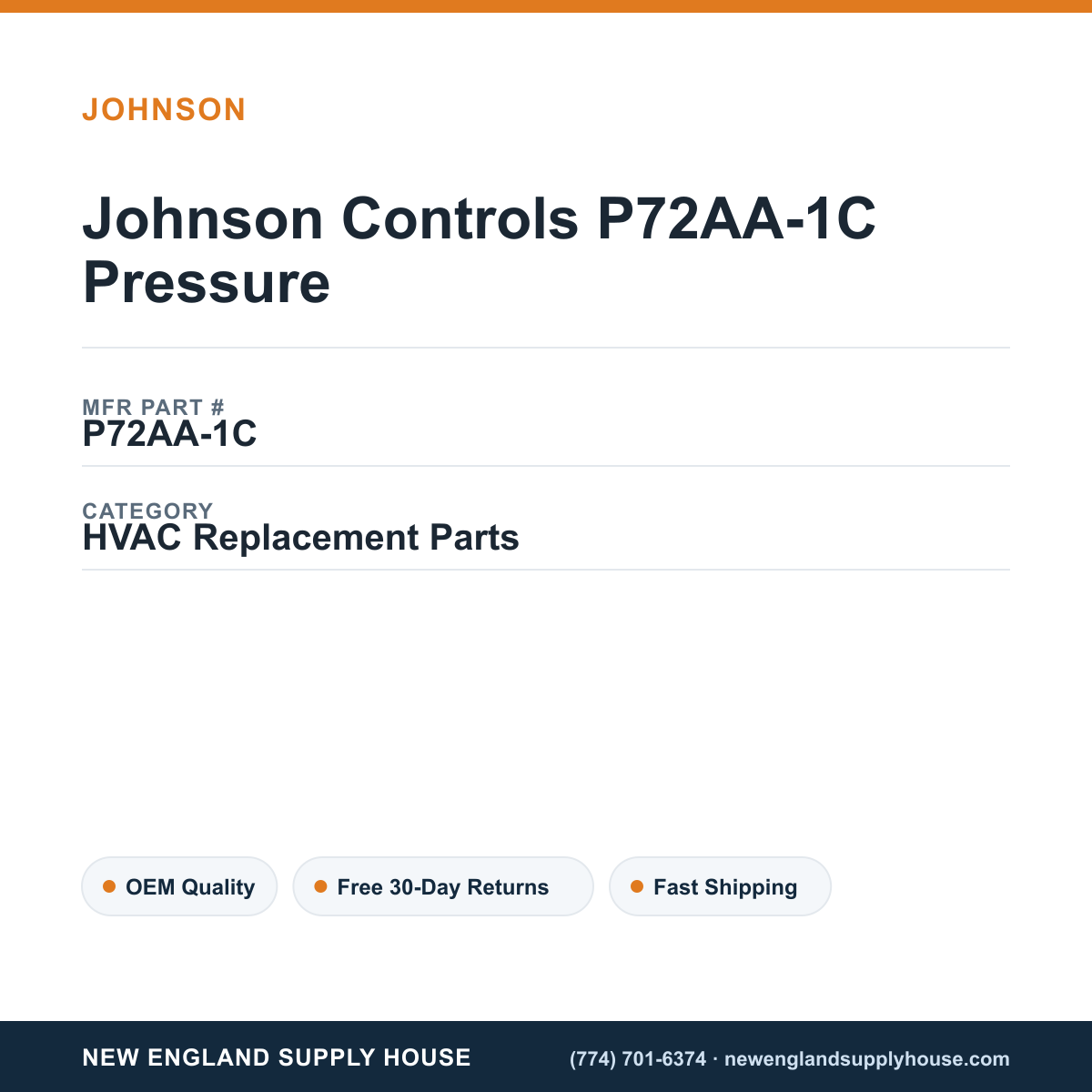 Johnson Controls P72AA-1C Pressure — New England Supply House spec card [NESH-SPEC-CARD-V2]