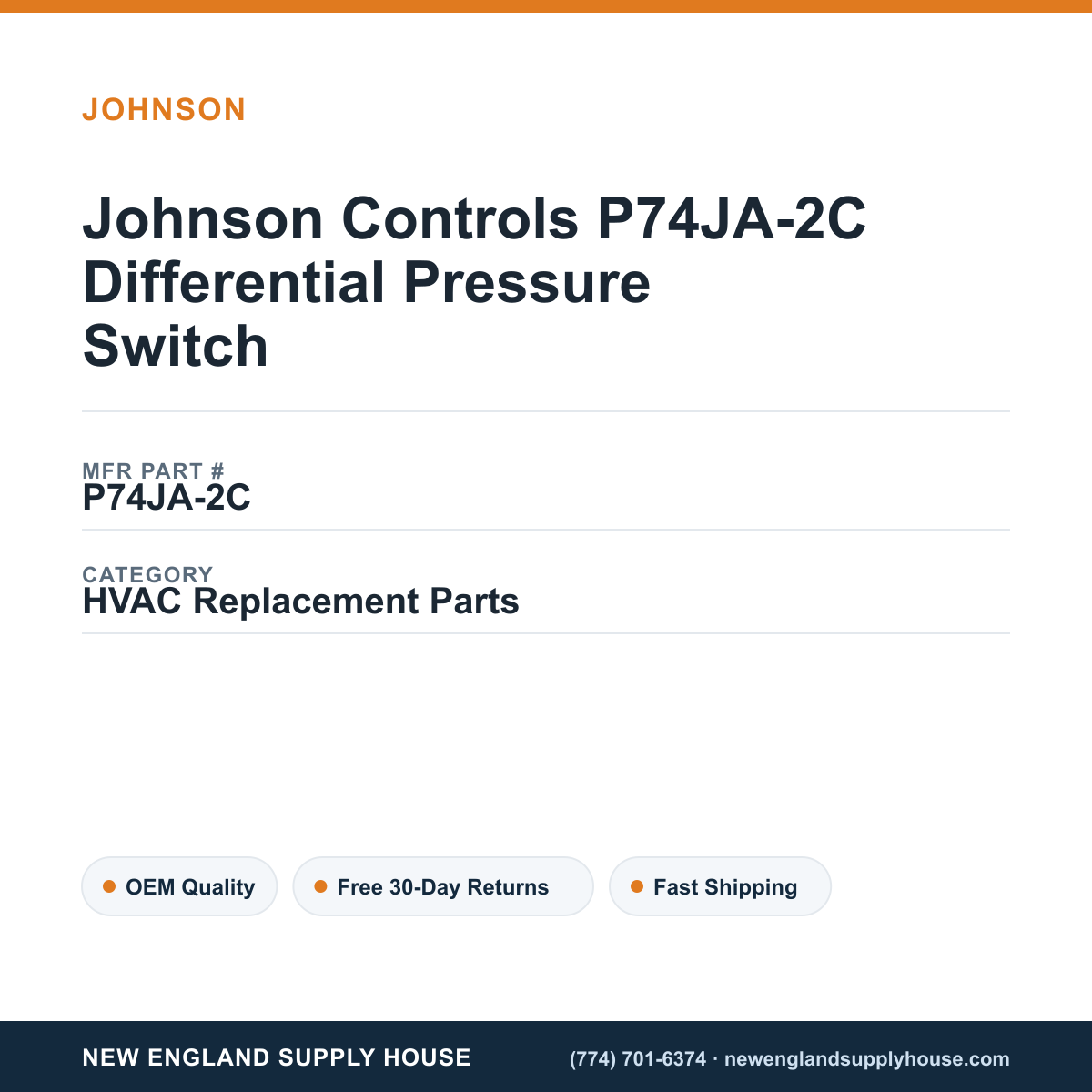 Johnson Controls P74JA-2C Differential Pressure Switch — New England Supply House spec card [NESH-SPEC-CARD-V2]