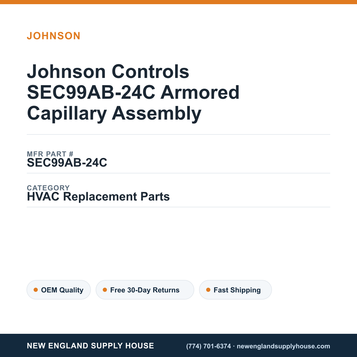 Johnson Controls SEC99AB-24C Armored Capillary Assembly — New England Supply House spec card [NESH-SPEC-CARD-V2]