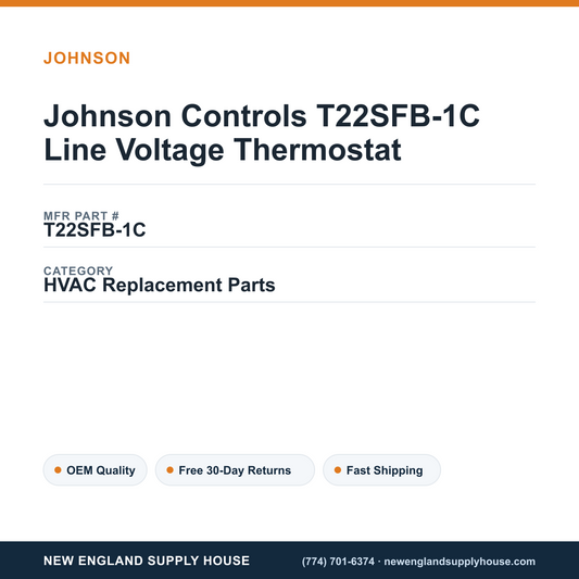 Johnson Controls T22SFB-1C Line Voltage Thermostat — New England Supply House spec card [NESH-SPEC-CARD-V2]