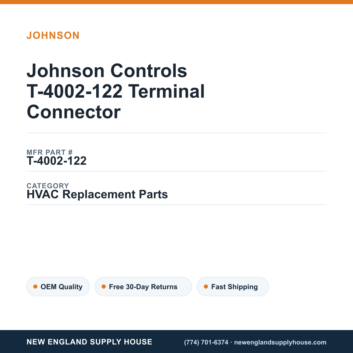 Johnson Controls T-4002-122 Terminal Connector — New England Supply House spec card [NESH-SPEC-CARD-V2]