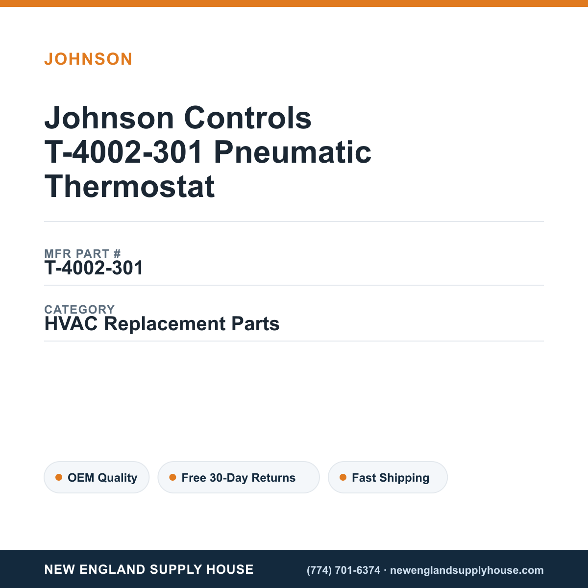 Johnson Controls T-4002-301 Pneumatic Thermostat — New England Supply House spec card [NESH-SPEC-CARD-V2]