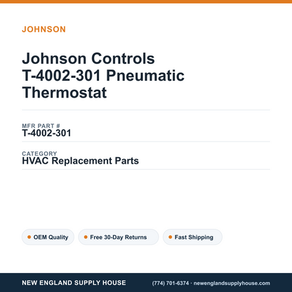 Johnson Controls T-4002-301 Pneumatic Thermostat — New England Supply House spec card [NESH-SPEC-CARD-V2]
