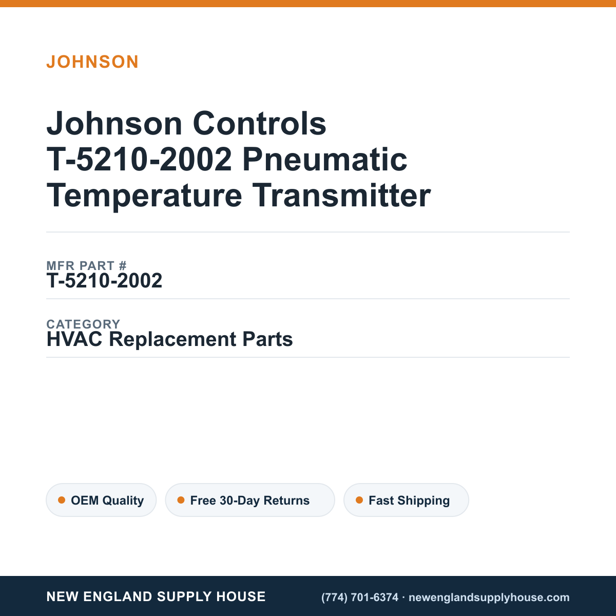 Johnson Controls T-5210-2002 Pneumatic Temperature Transmitter — New England Supply House spec card [NESH-SPEC-CARD-V2]
