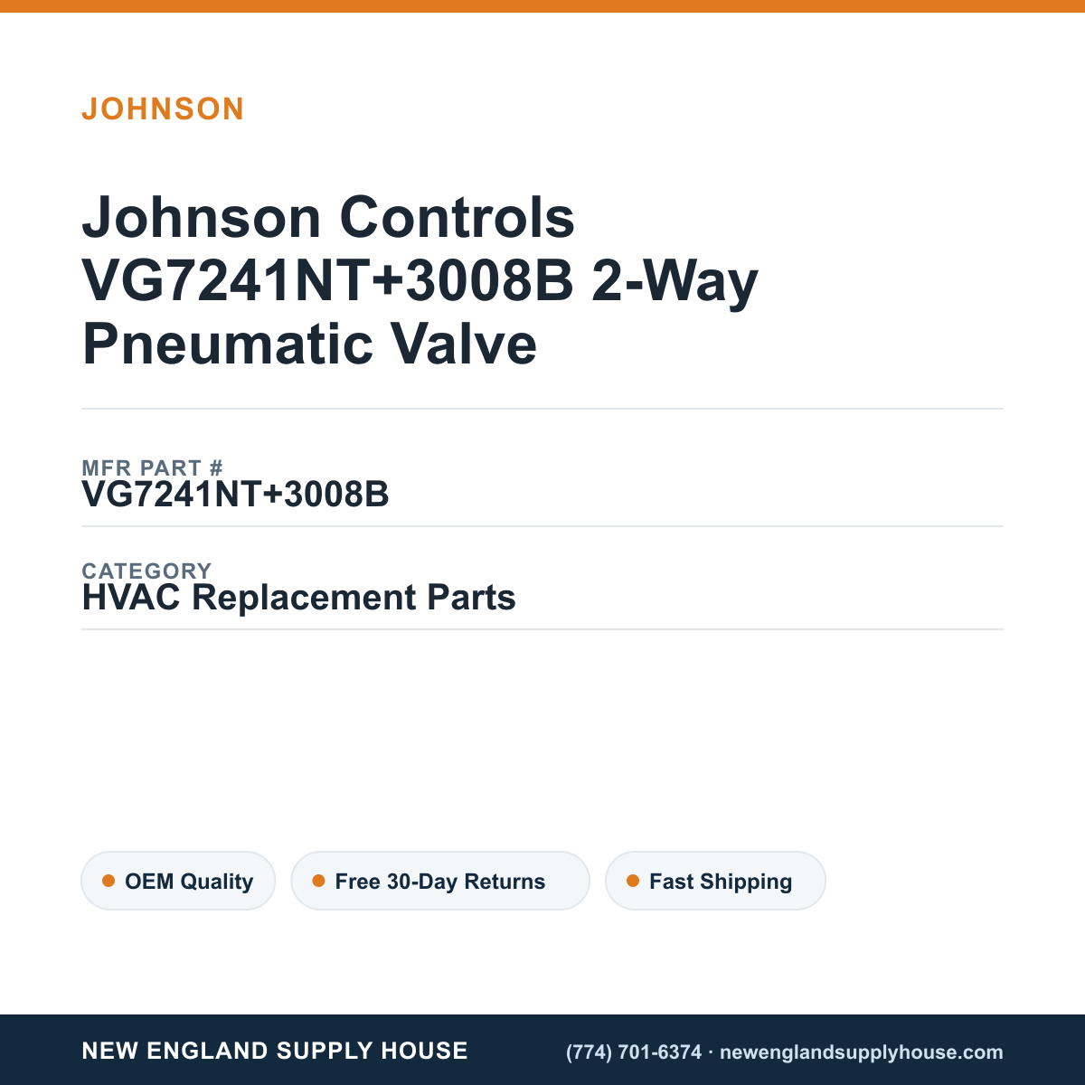 Johnson Controls VG7241NT+3008B 2-Way Pneumatic Valve — New England Supply House spec card [NESH-SPEC-CARD-V2]