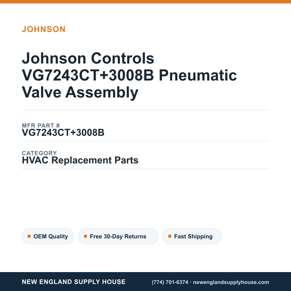 Johnson Controls VG7243CT+3008B Pneumatic Valve Assembly — New England Supply House spec card [NESH-SPEC-CARD-V2]