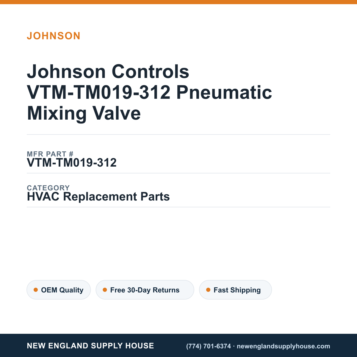Johnson Controls VTM-TM019-312 Pneumatic Mixing Valve — New England Supply House spec card [NESH-SPEC-CARD-V2]