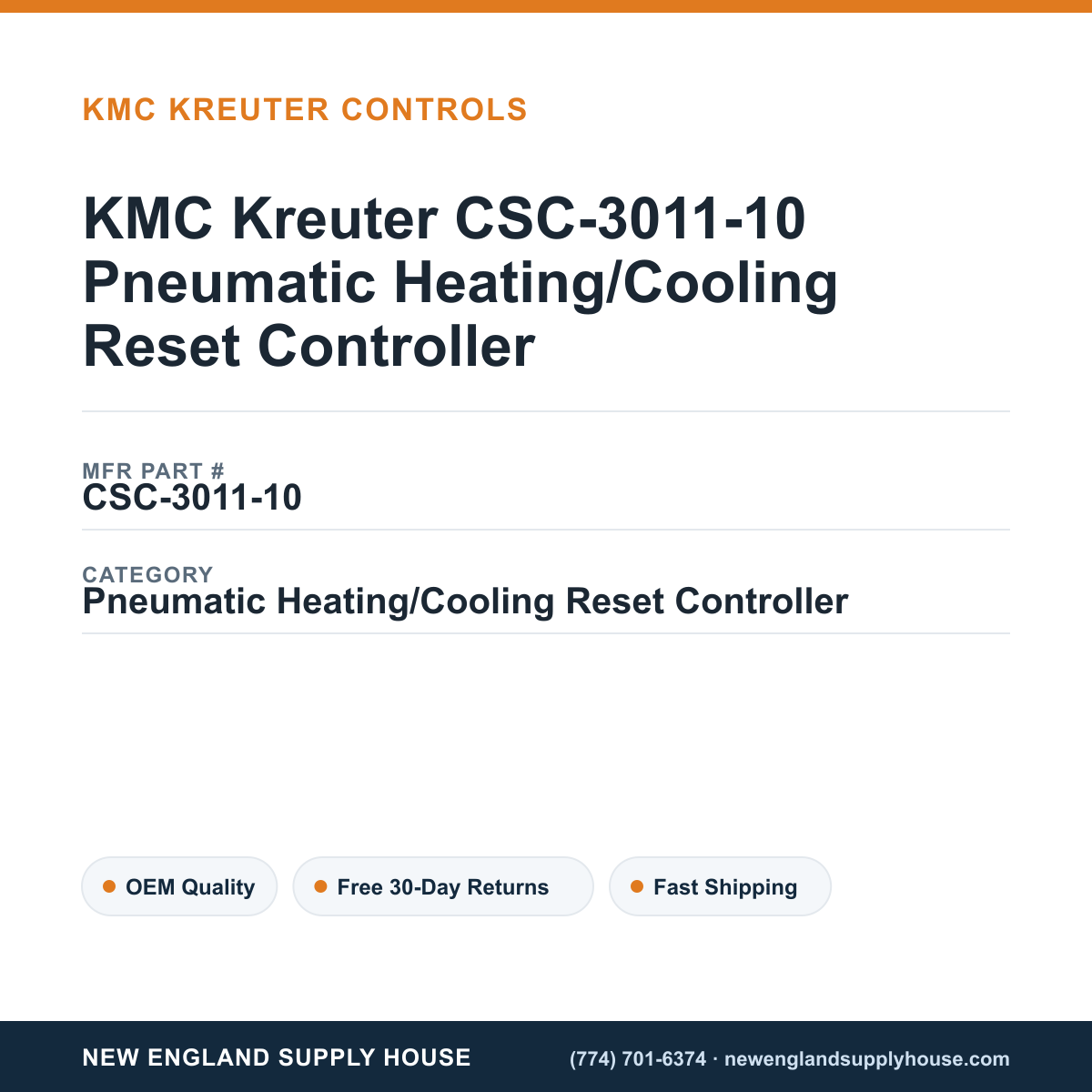 KMC Kreuter CSC-3011-10 Pneumatic Heating/Cooling Reset Controller — New England Supply House spec card [NESH-SPEC-CARD-V2]