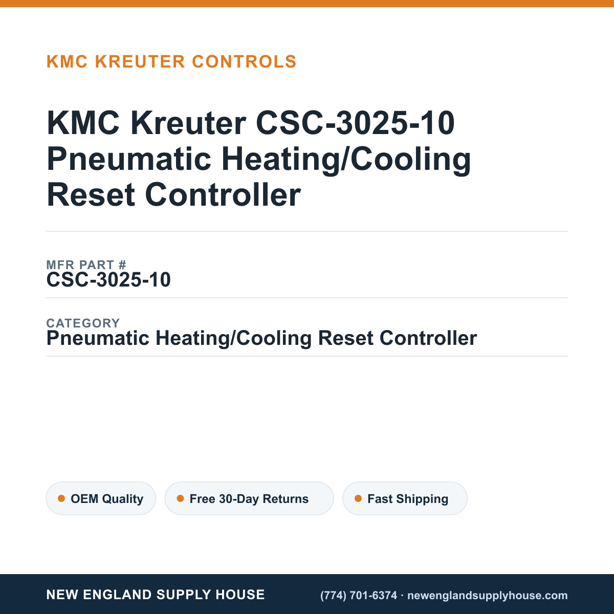 KMC Kreuter CSC-3025-10 Pneumatic Heating/Cooling Reset Controller — New England Supply House spec card [NESH-SPEC-CARD-V2]