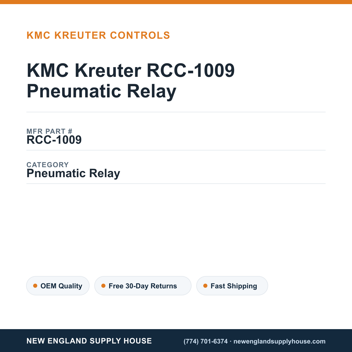 KMC Kreuter RCC-1009 Pneumatic Relay — New England Supply House spec card [NESH-SPEC-CARD-V2]