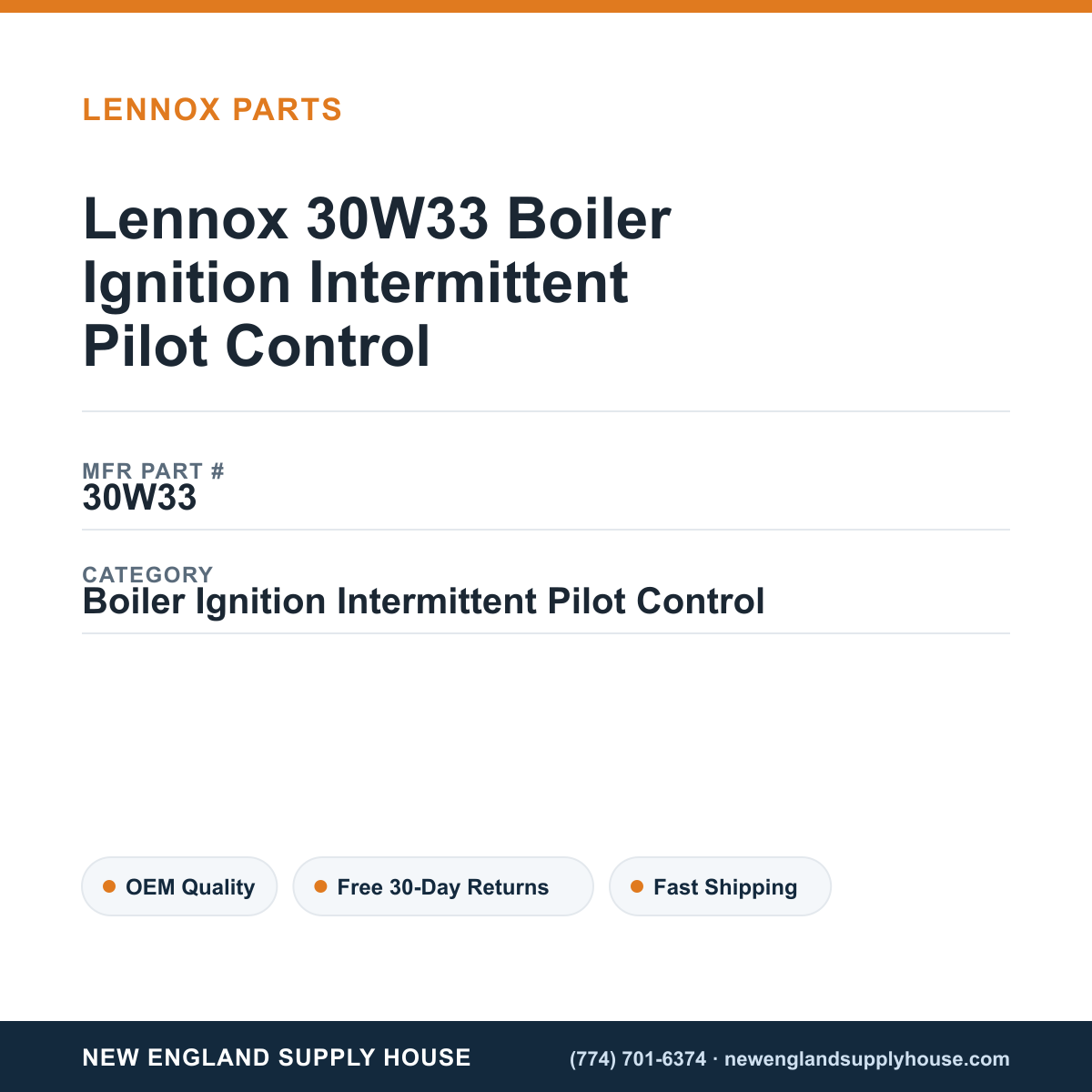Lennox 30W33 Boiler Ignition Intermittent Pilot Control — New England Supply House spec card [NESH-SPEC-CARD-V2]