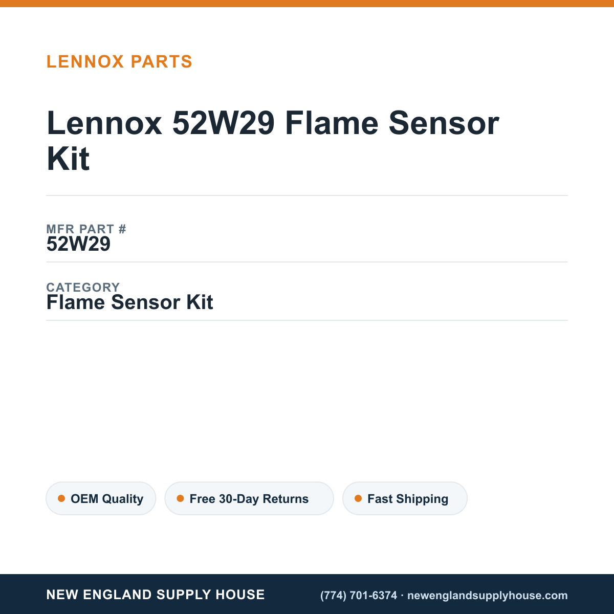Lennox 52W29 Flame Sensor Kit — New England Supply House spec card [NESH-SPEC-CARD-V2]