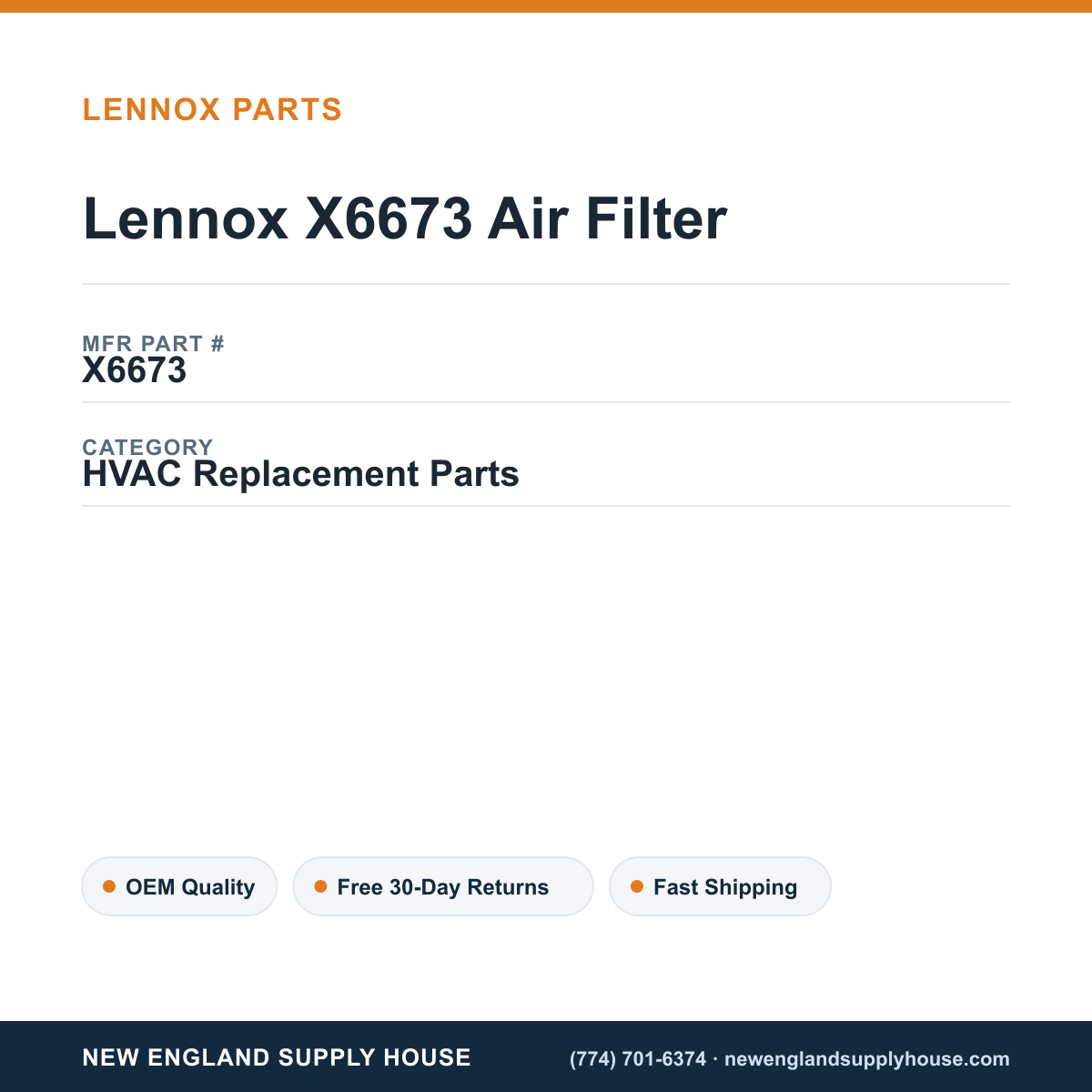 Lennox X6673 Air Filter — New England Supply House spec card [NESH-SPEC-CARD-V2]
