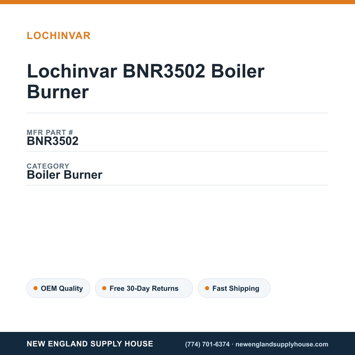 Lochinvar BNR3502 Boiler Burner — New England Supply House spec card [NESH-SPEC-CARD-V2]