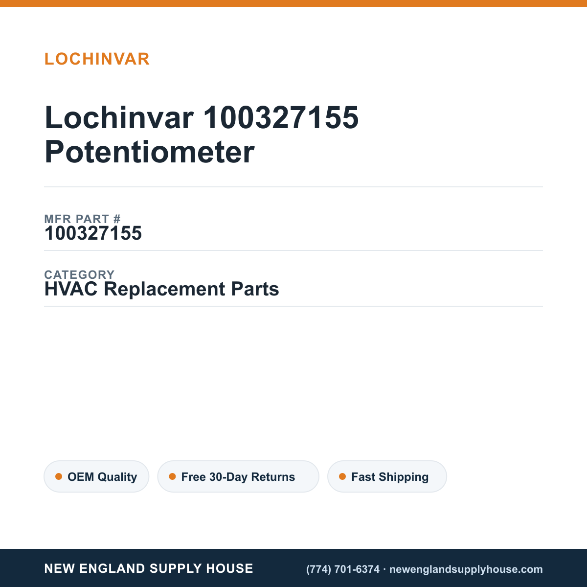 Lochinvar 100327155 Potentiometer — New England Supply House spec card [NESH-SPEC-CARD-V2]