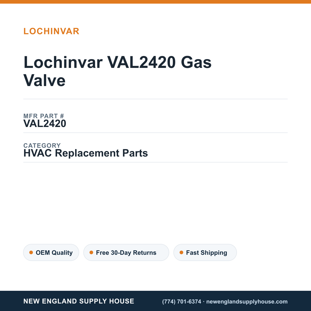 Lochinvar VAL2420 Gas Valve — New England Supply House spec card [NESH-SPEC-CARD-V2]