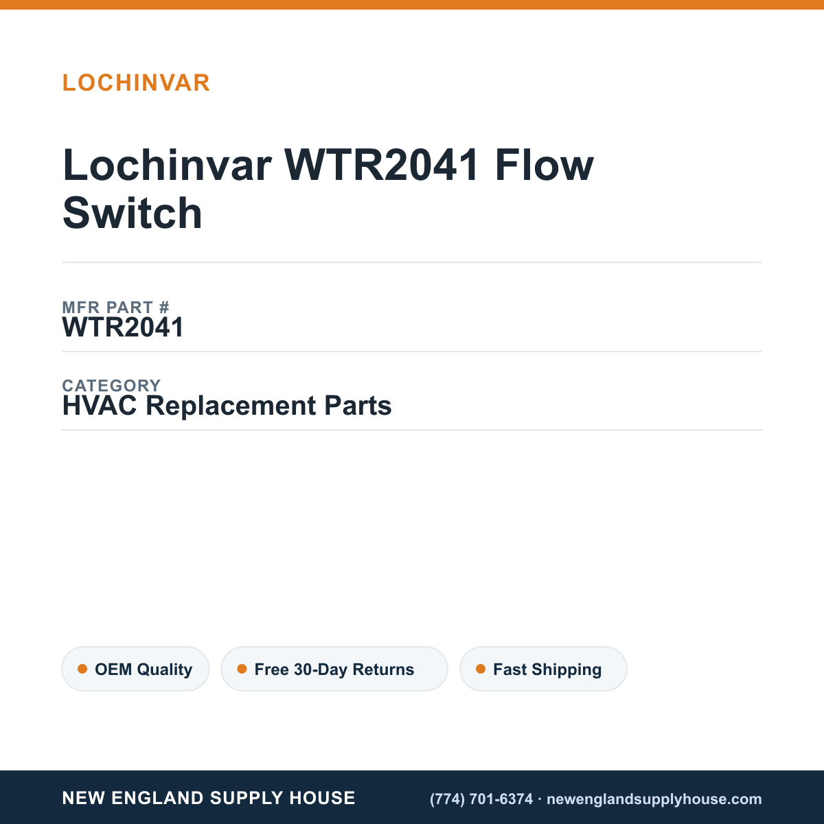 Lochinvar WTR2041 Flow Switch — New England Supply House spec card [NESH-SPEC-CARD-V2]