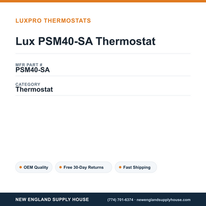 Lux PSM40-SA Thermostat — New England Supply House spec card [NESH-SPEC-CARD-V2]