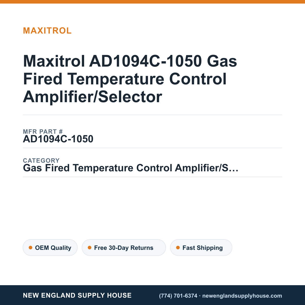 Maxitrol AD1094C-1050 Gas Fired Temperature Control Amplifier/Selector — New England Supply House spec card [NESH-SPEC-CARD-V2]