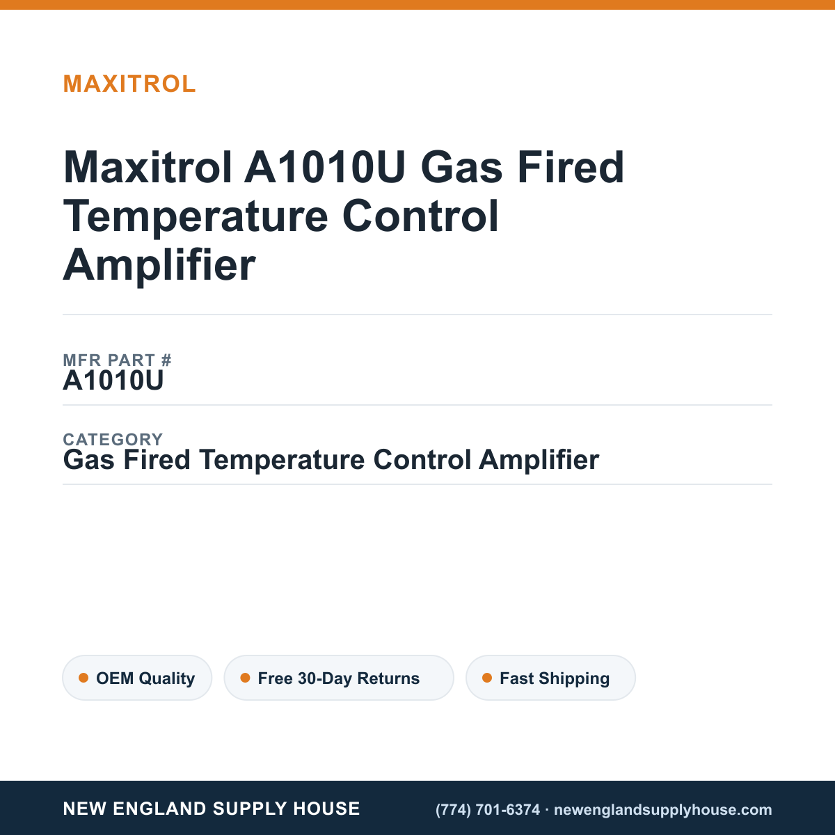Maxitrol A1010U Gas Fired Temperature Control Amplifier — New England Supply House spec card [NESH-SPEC-CARD-V2]