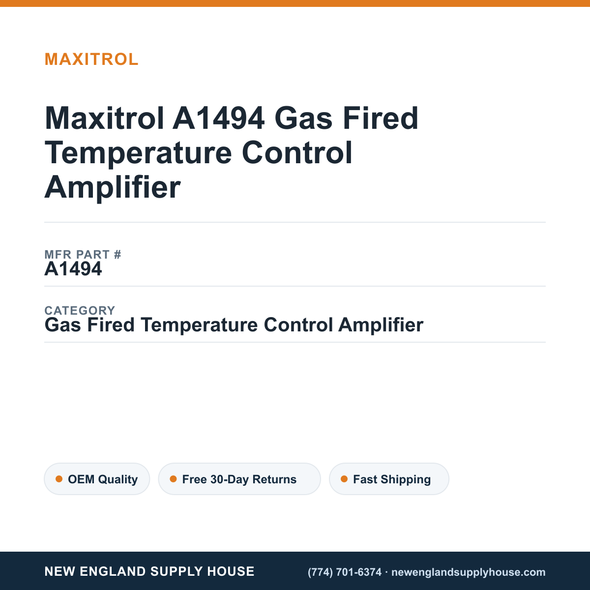 Maxitrol A1494 Gas Fired Temperature Control Amplifier — New England Supply House spec card [NESH-SPEC-CARD-V2]