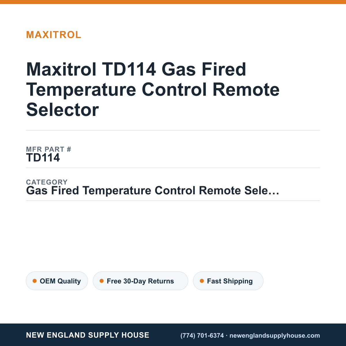 Maxitrol TD114 Gas Fired Temperature Control Remote Selector — New England Supply House spec card [NESH-SPEC-CARD-V2]